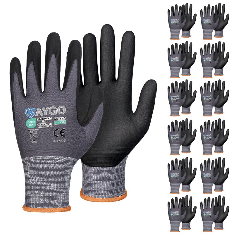 KAYGO Safety Work Gloves MicroFoam Nitrile Coated, 12 Pairs KG18NB,Seamless Knit Nylon Glove for Men and Women, Ideal for Automotive,Warehouse,Construction (2X-Large,Gray) - Image 1